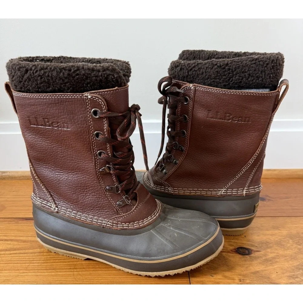 L.L. Bean Men's Snow Boots W/Tumbled Brown Leather Size 10M Felt Faux Fur Insert